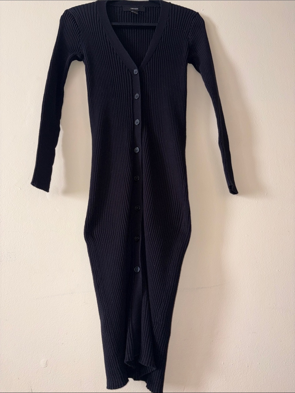 Forever 21 Black Ribbed Long-Sleeve Button-Front Dress